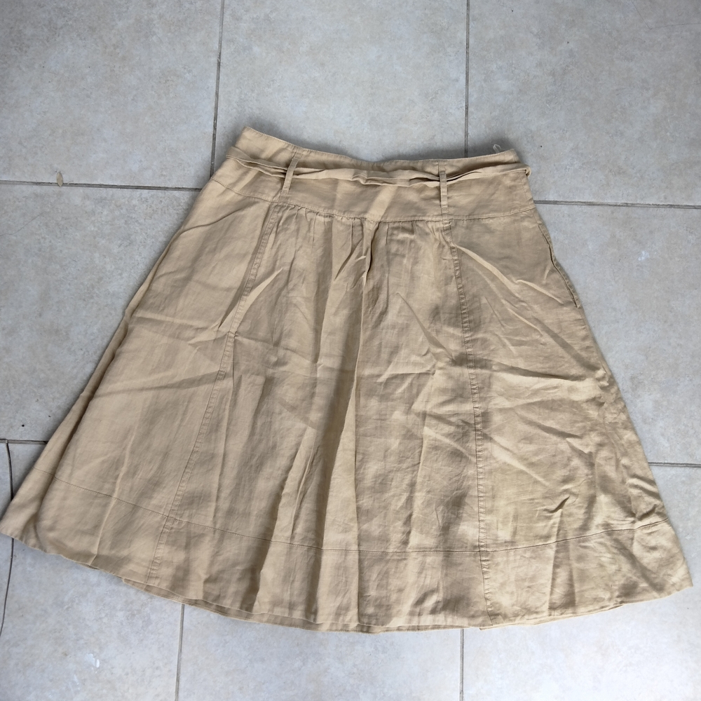 Jones New York Signature Tan 100% Linen Womens Sz 14 Belted Midi Skirt Lagenlook - Picture 2 of 12
